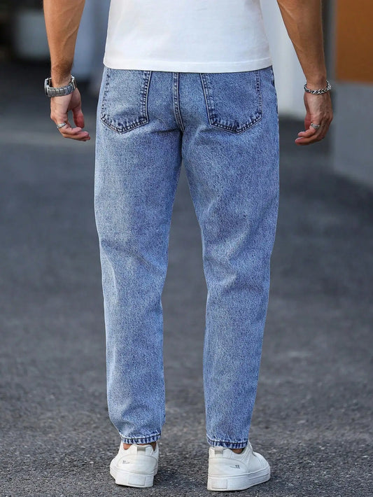 Men's light blue washed denim trousers