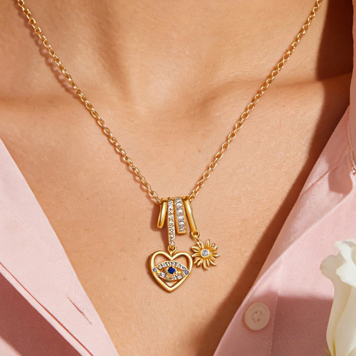 Heart Evil Eye Pendant Necklace With Charm Sun Gold Color Zircon Turkish Evil Eye Protection Necklaces Lucky Luxury Jewelry