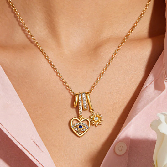 Heart Evil Eye Pendant Necklace With Charm Sun Gold Color Zircon Turkish Evil Eye Protection Necklaces Lucky Luxury Jewelry