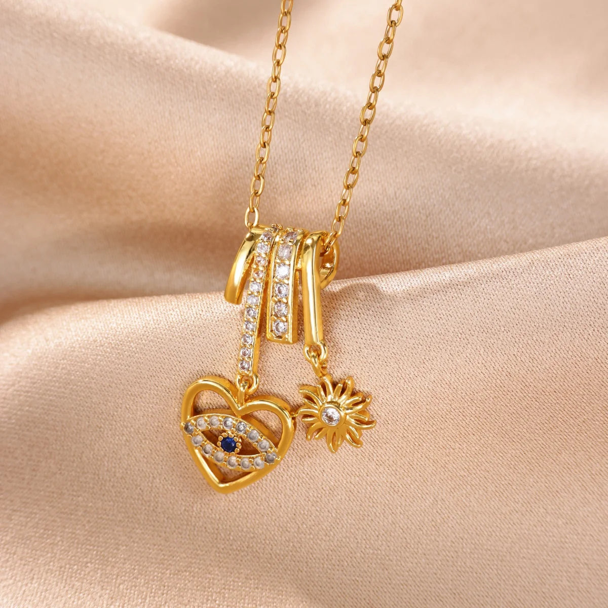 Heart Evil Eye Pendant Necklace With Charm Sun Gold Color Zircon Turkish Evil Eye Protection Necklaces Lucky Luxury Jewelry