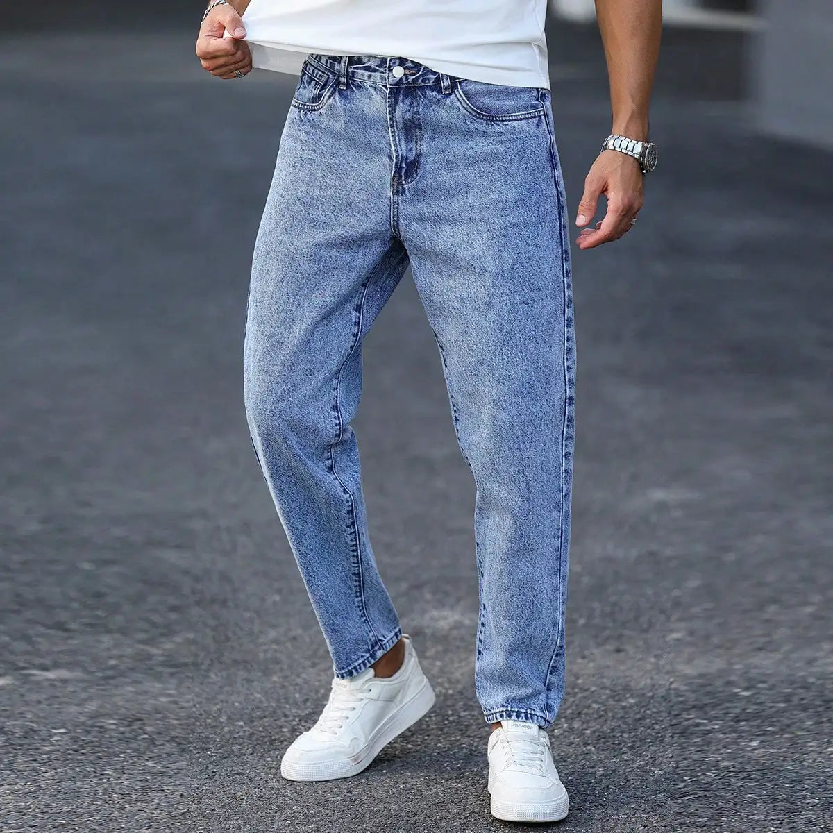 Men's light blue washed denim trousers