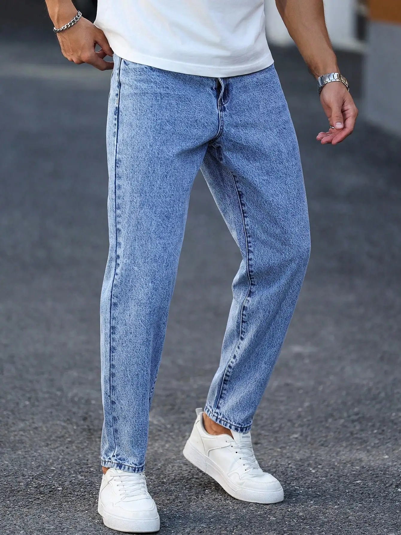 Men's light blue washed denim trousers