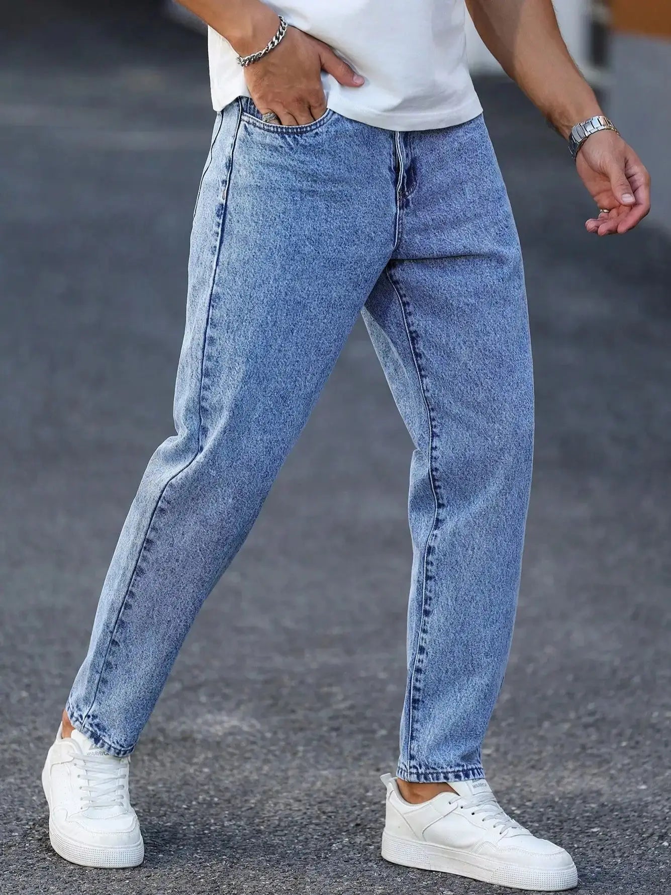 Men's light blue washed denim trousers