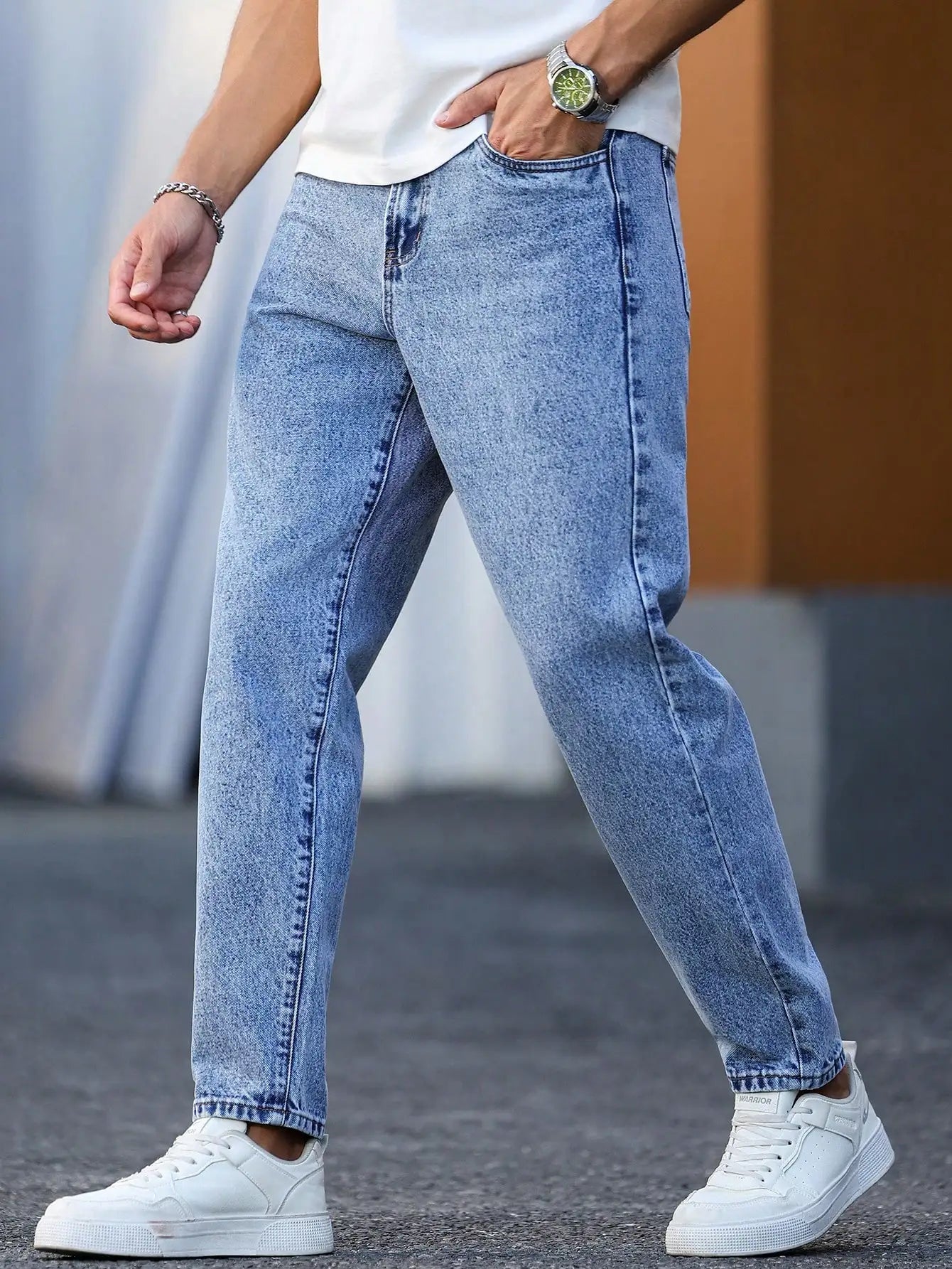 Men's light blue washed denim trousers