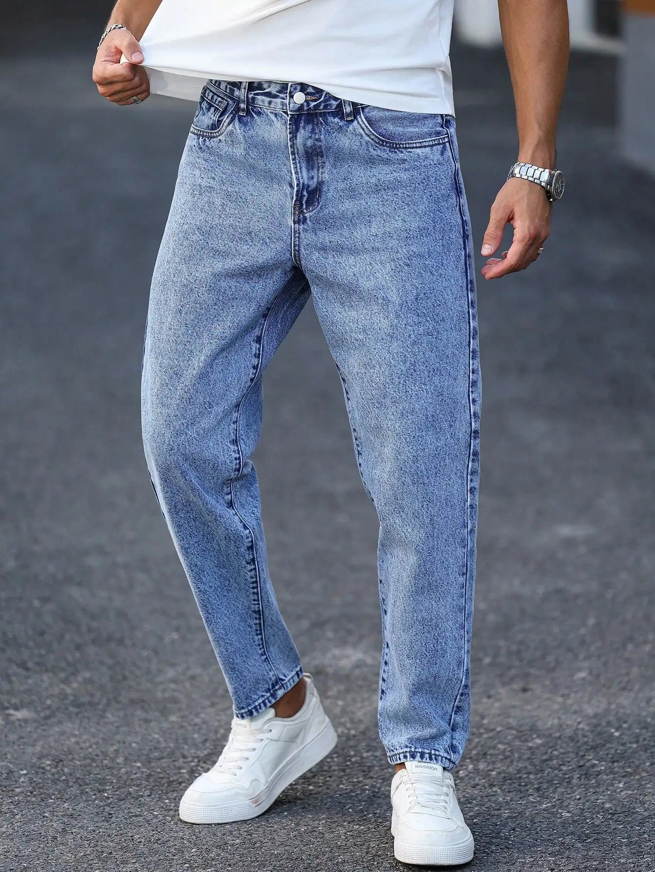 Men's light blue washed denim trousers