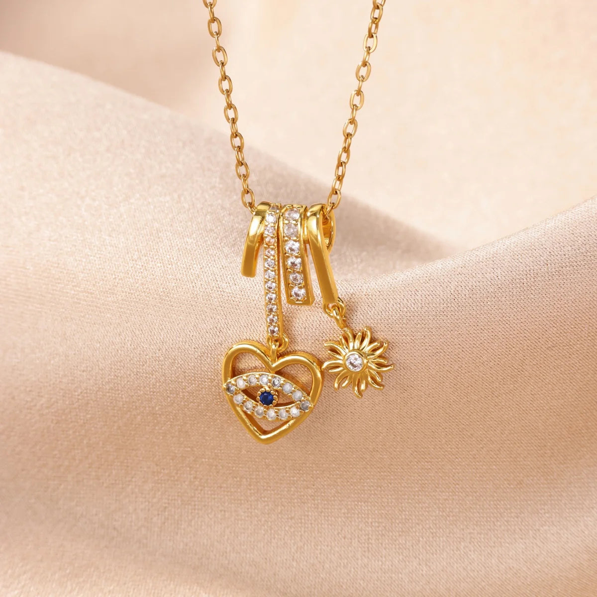 Heart Evil Eye Pendant Necklace With Charm Sun Gold Color Zircon Turkish Evil Eye Protection Necklaces Lucky Luxury Jewelry