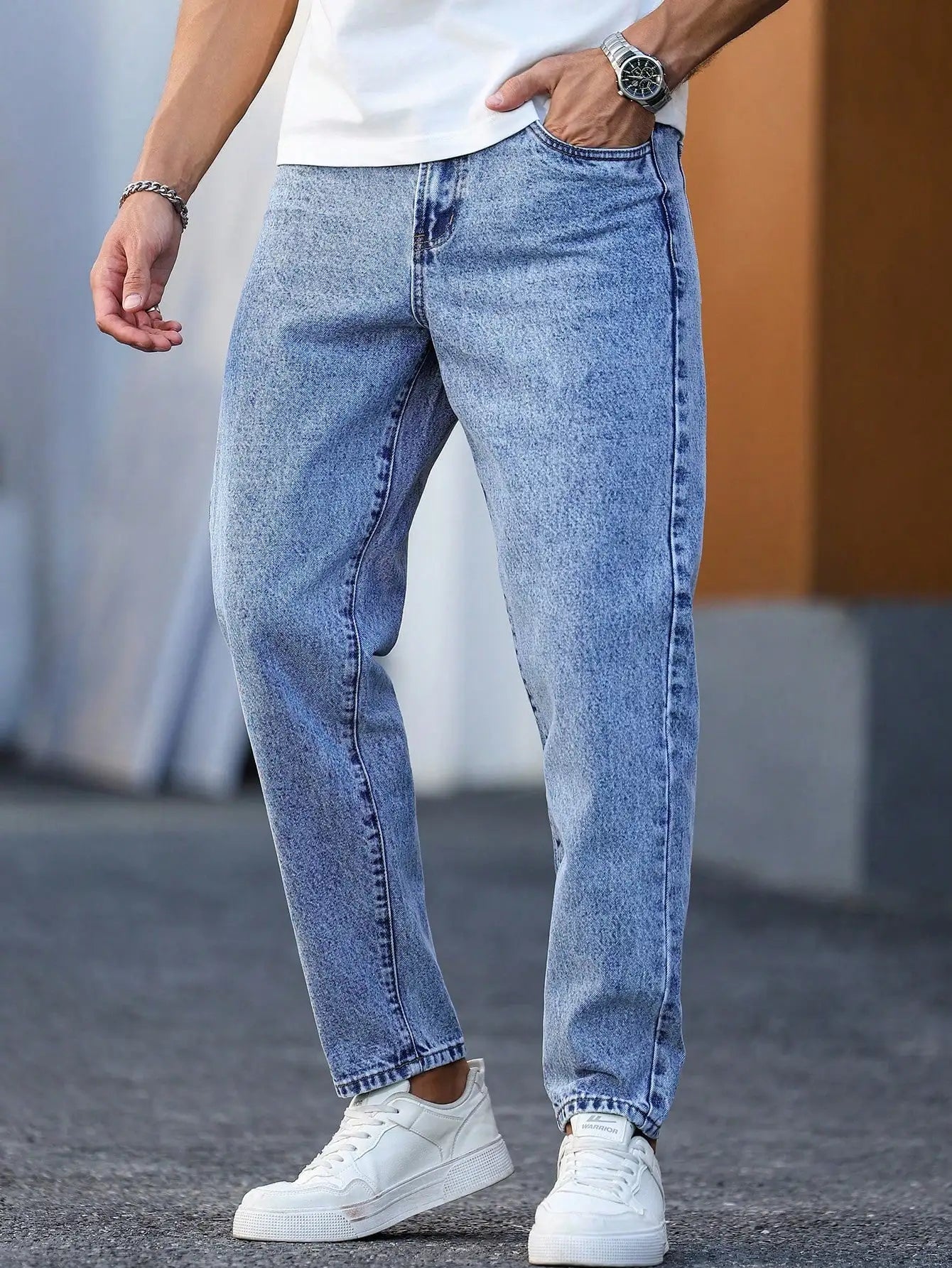 Men's light blue washed denim trousers