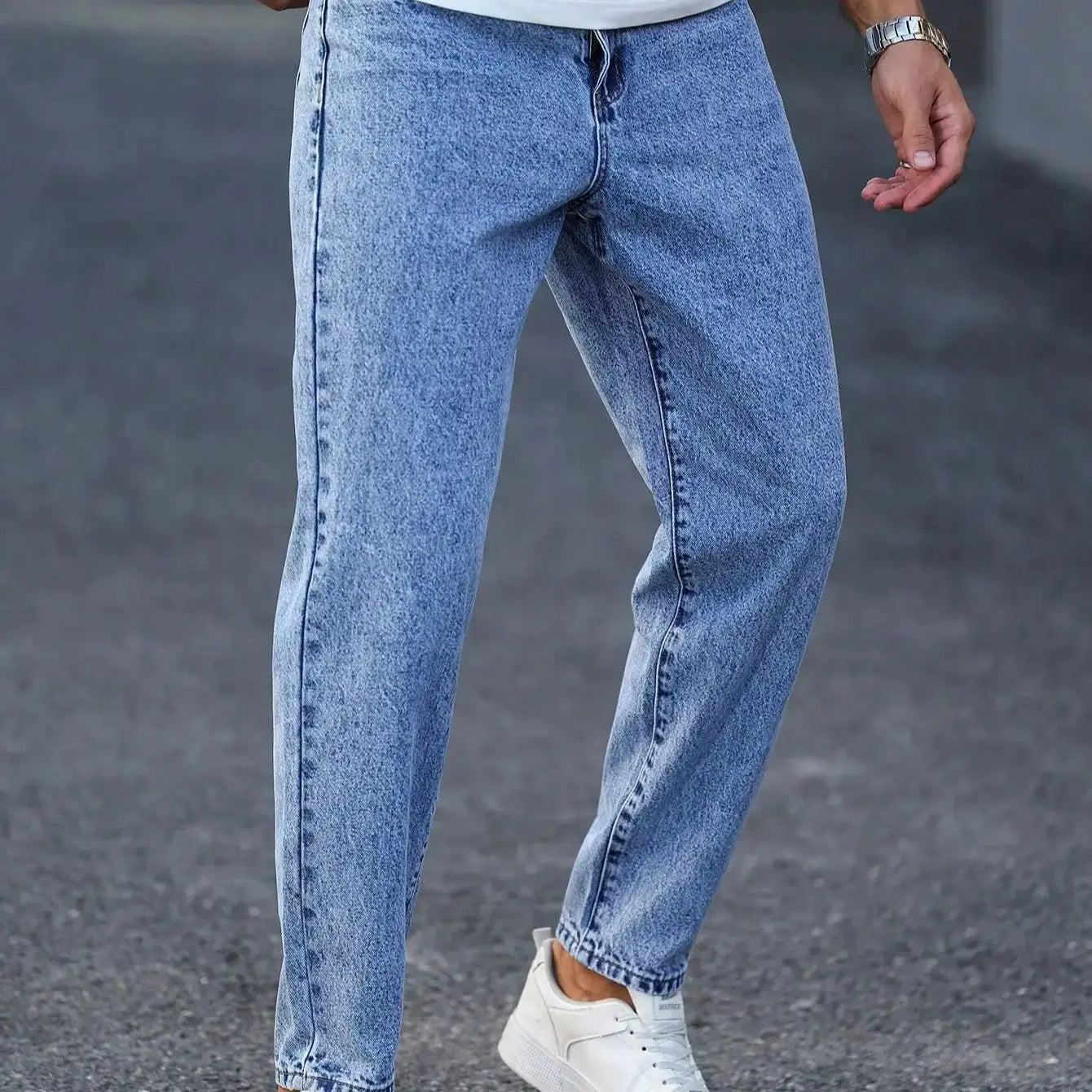 Men's light blue washed denim trousers