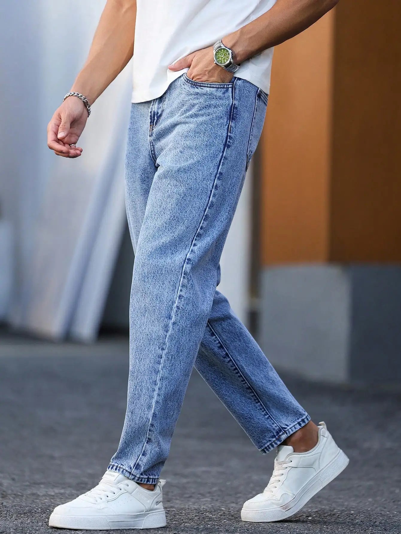 Men's light blue washed denim trousers
