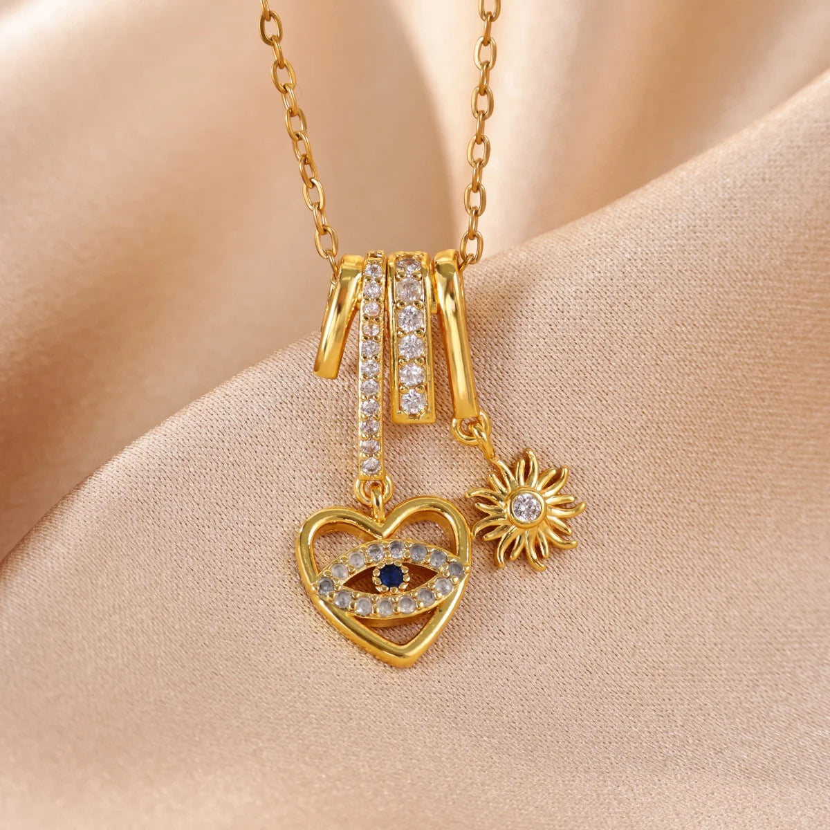 Heart Evil Eye Pendant Necklace With Charm Sun Gold Color Zircon Turkish Evil Eye Protection Necklaces Lucky Luxury Jewelry