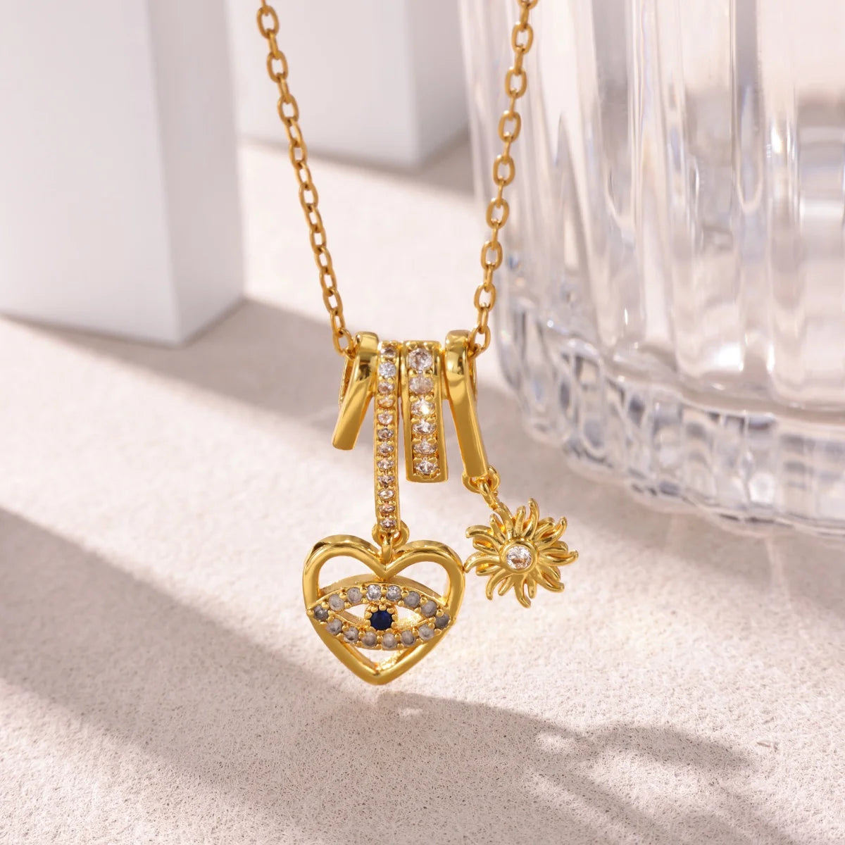 Heart Evil Eye Pendant Necklace With Charm Sun Gold Color Zircon Turkish Evil Eye Protection Necklaces Lucky Luxury Jewelry